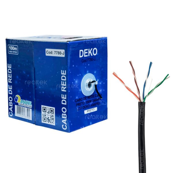 Cabo de Rede UTP CAT5e 24AWG 100% Cobre 100 Metros, Preto - Deko 7780-J